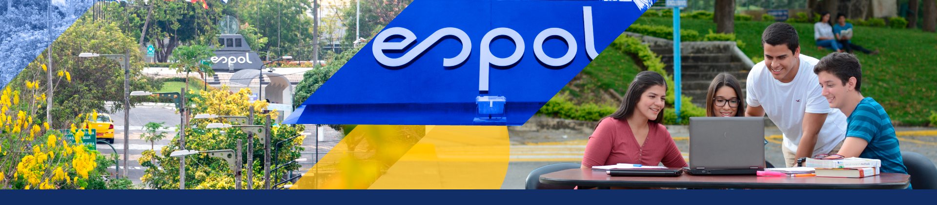 Composición que muestra el campus, para graficar a los estudiantes poniendo atención a la pantalla de un ordenador. Dentro de un colage de varias partes de la Espol.