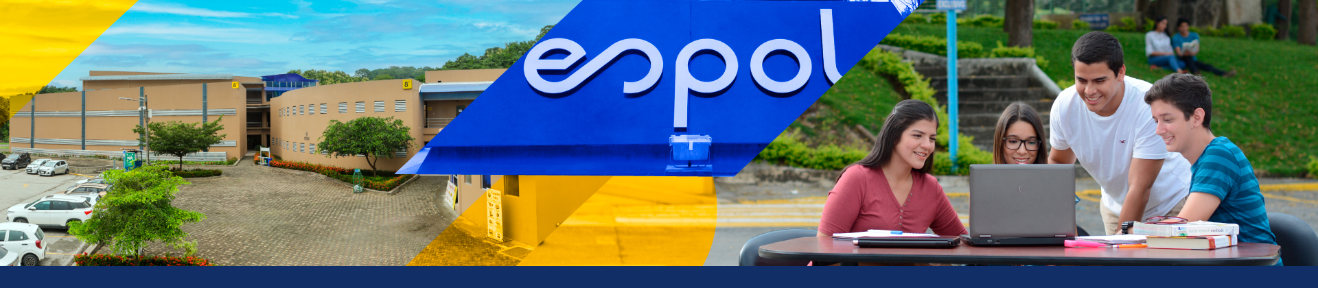 Estudiantes revisando información con un colage dinámico de las instalaciones del campus.