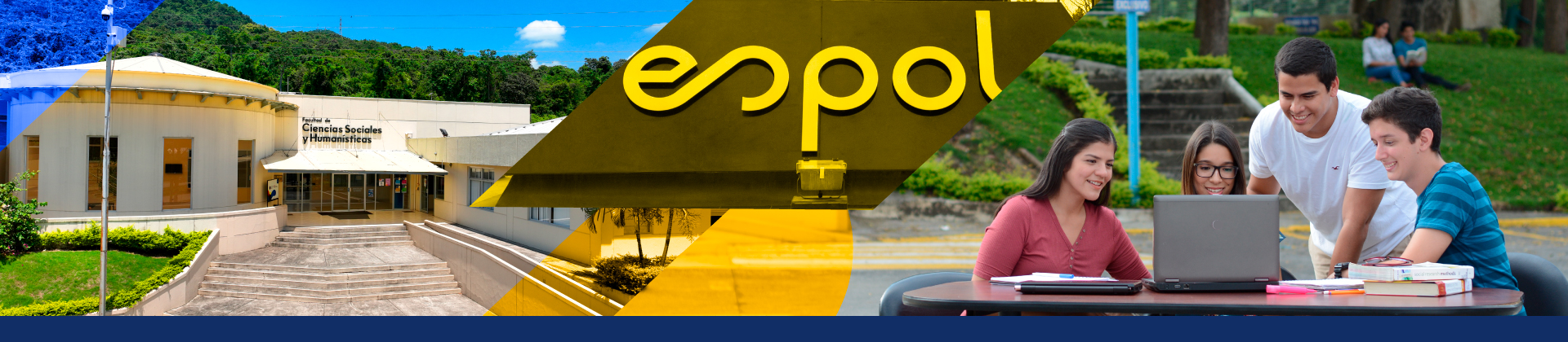 Estudiantes prestando atención a una pantalla, con un colage del campus y la facultad.