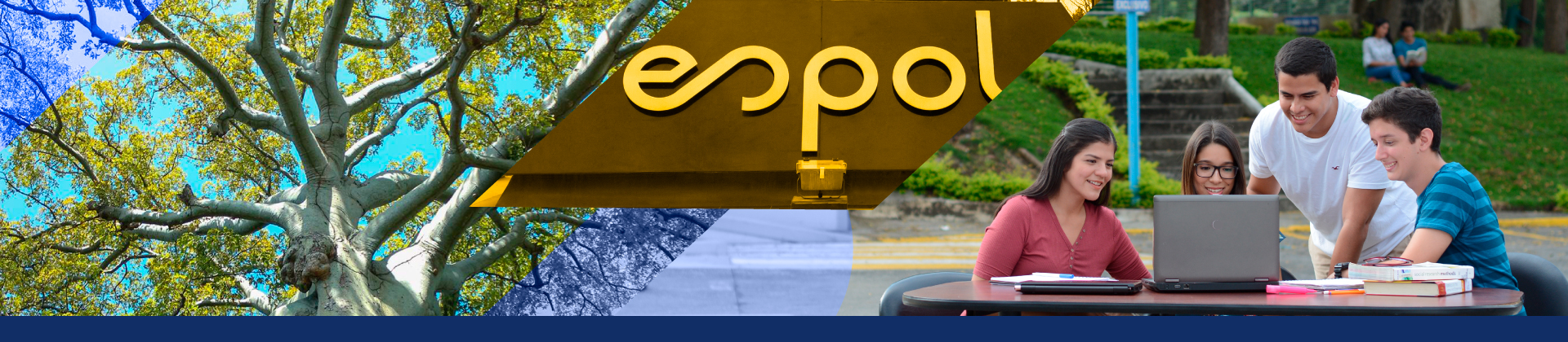 Estudiantes de la Espol revisando información en un equipo portátil, con un colage de estructuras del campus.