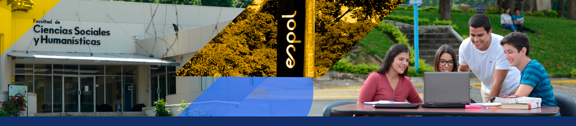 Estudiantes de la Espol interactuando entre ellos, con la fachada de su facultad en el fondo.